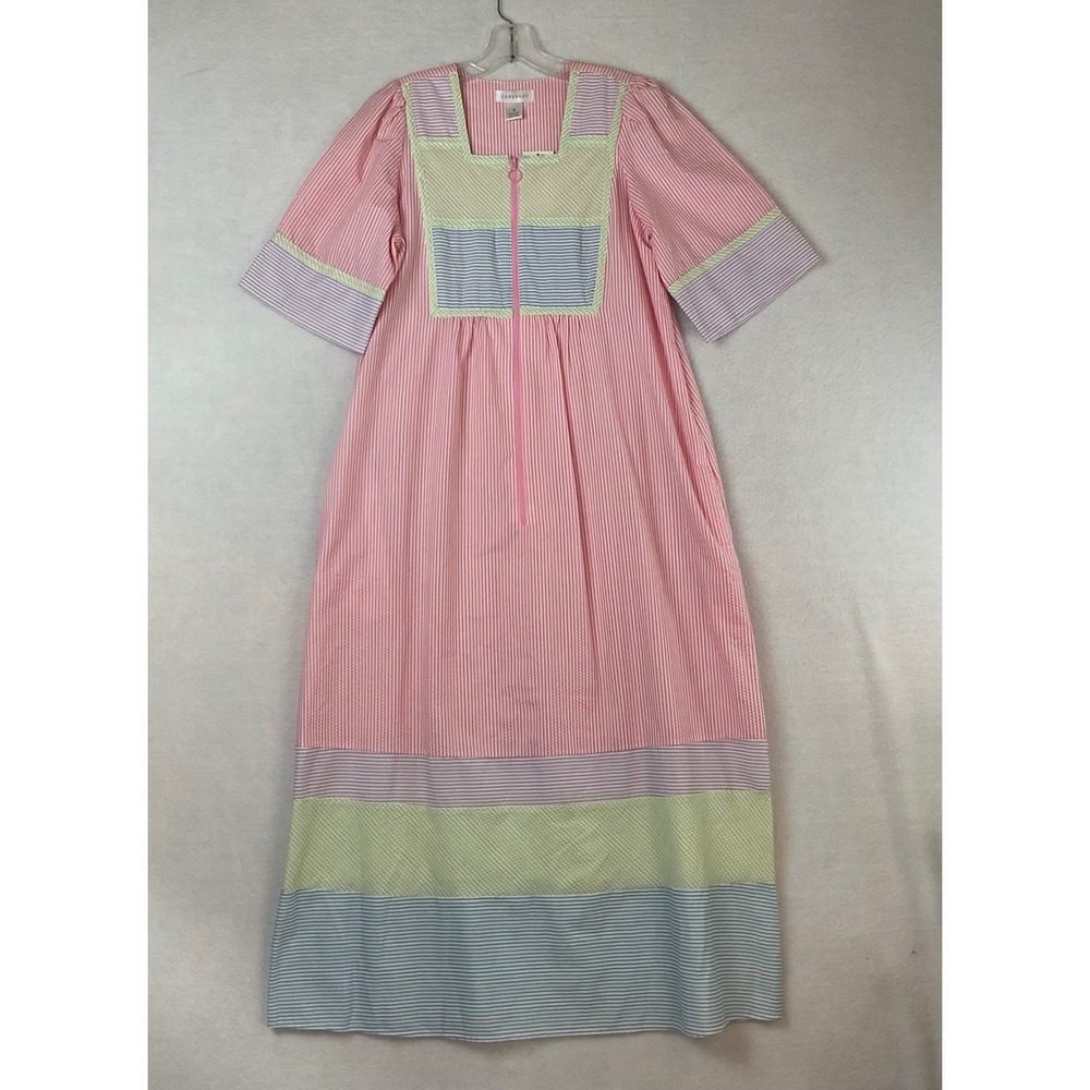 Cabernet‎ Pink Seersucker Striped Patio Dress Lounger Zip Front Maxi Medium NWT
